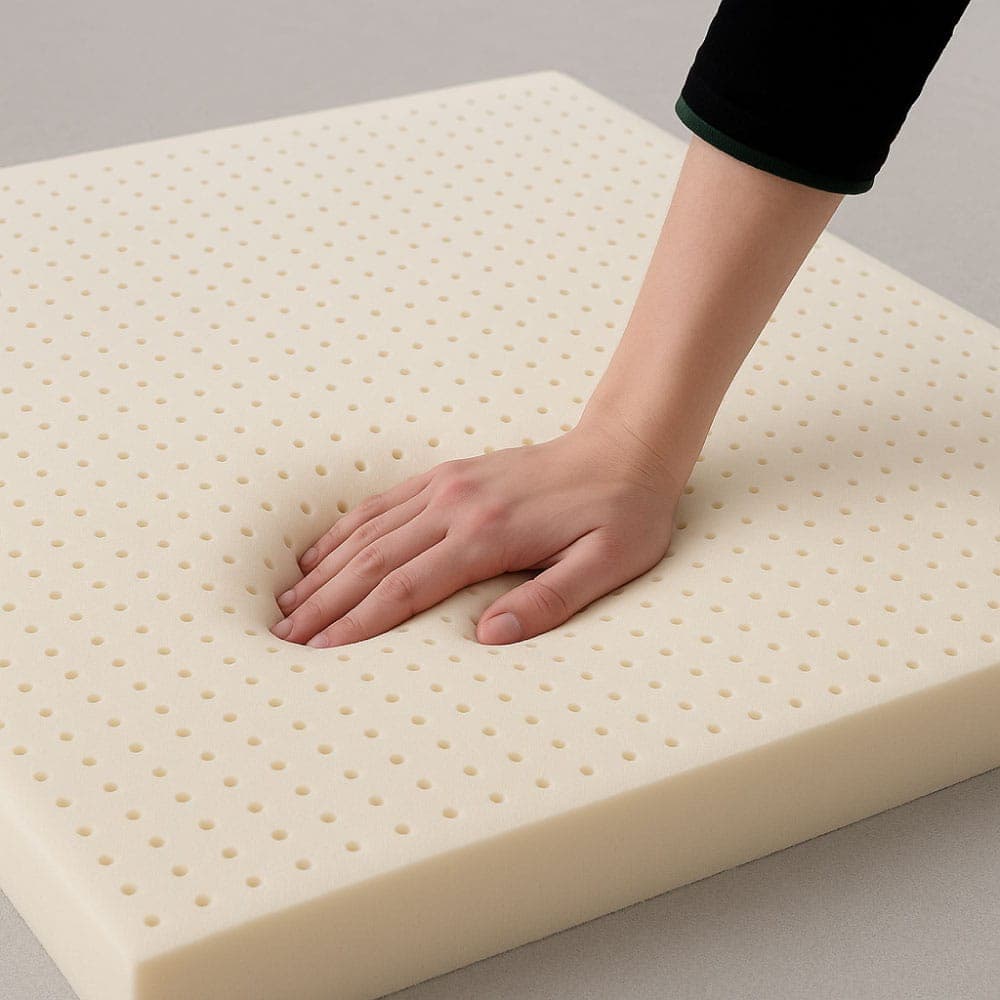 Close-up van de geperforeerde natuurlatexkern van de FamBed-topmatras