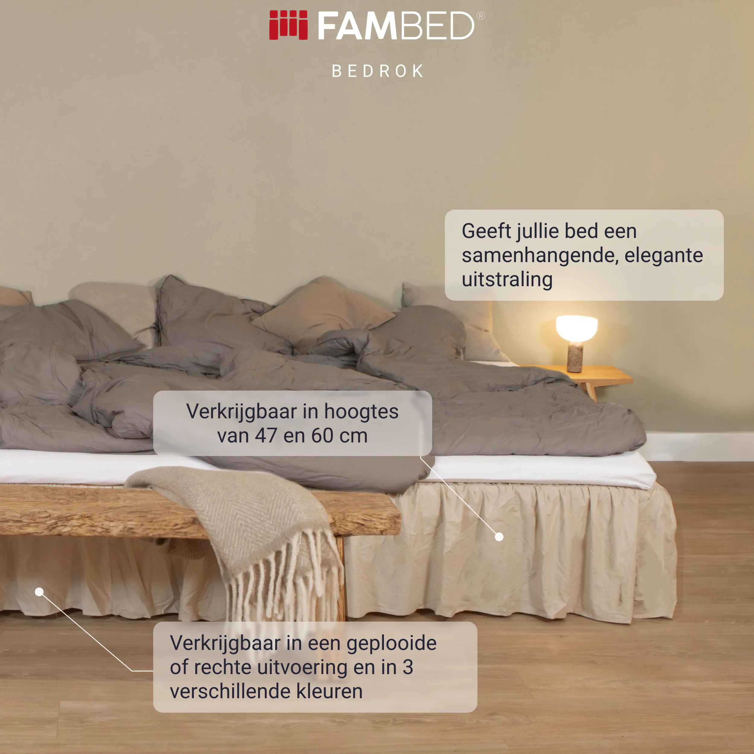 Familiebed met een beige bedrok die de bedbodem en de ruimte onder het bed bedekt