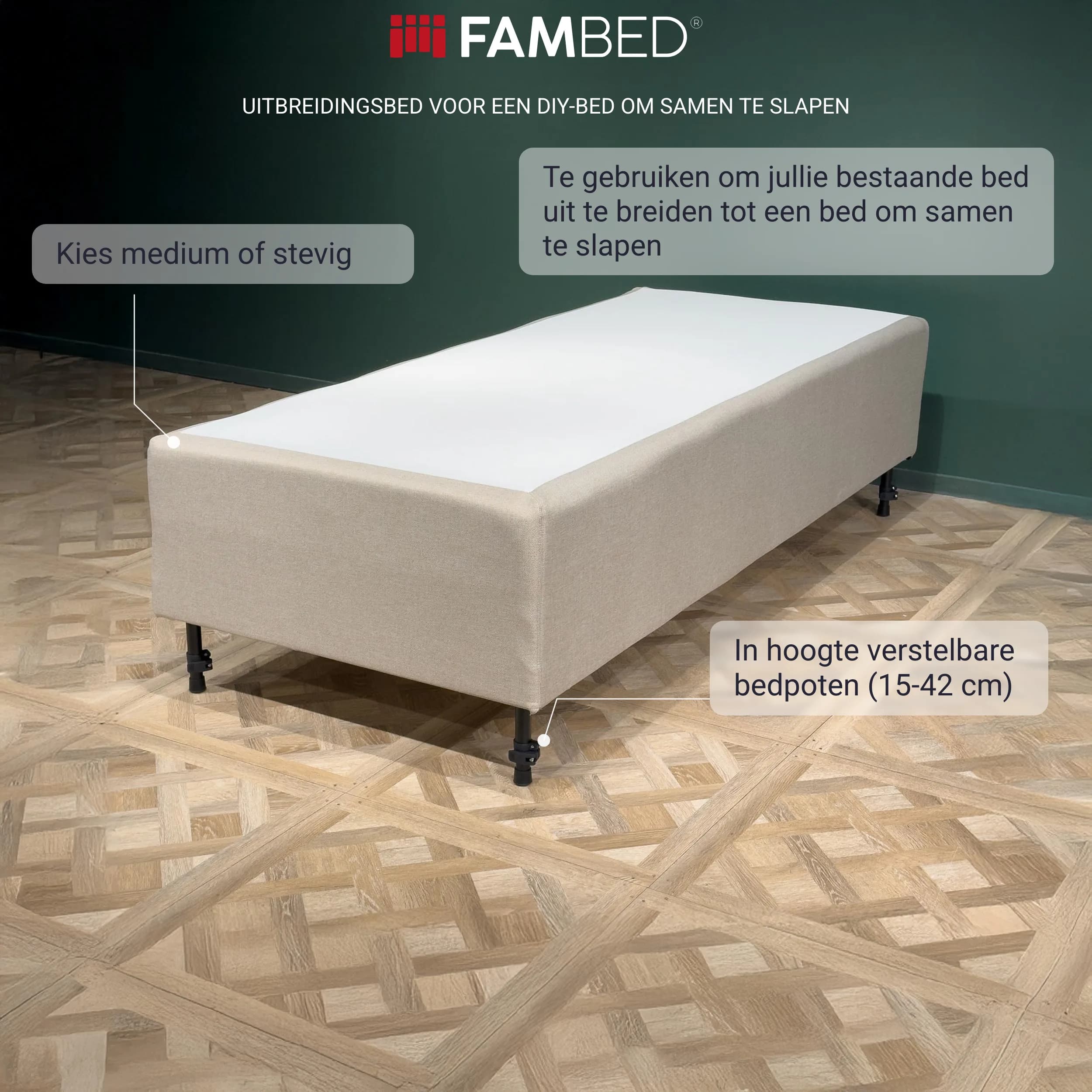 Infographic: FAMBED uitbreidingsbed op zwarte poten met informatie over de keerbare binnenveringsmatras met 7 zones en de in hoogte verstelbare bedpoten