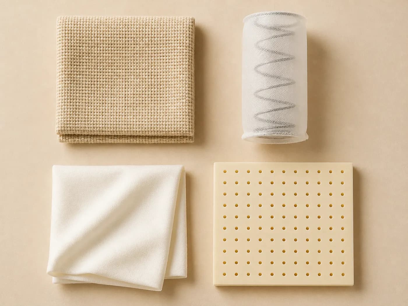 Vier materiaalstalen op een lichte ondergrond: geweven beige bekledingsstof, één pocketveer in een stoffen hoesje, opgevouwen zachte witte stof en een geperforeerde plaat natuurlatex.