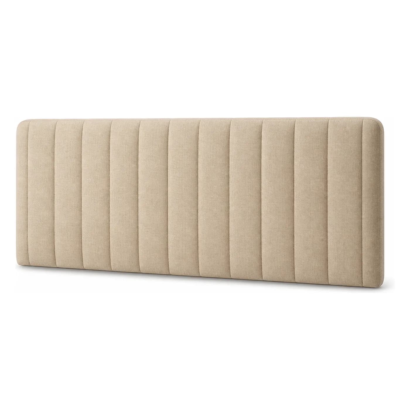 Beige, volledig gestoffeerd FamBed hoofdbord met verticale gestoffeerde vlakken.