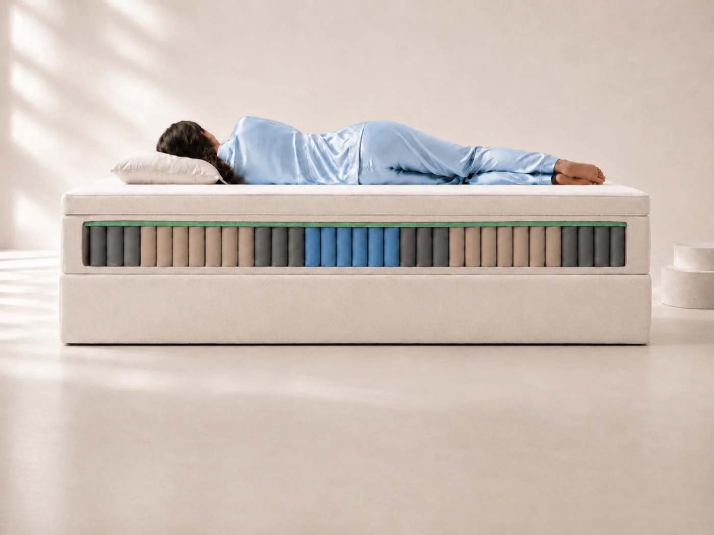 Zijaanzicht van het bed met de voorkant van de matras geopend: rijen grijze, beige en blauwe pocketveren tonen de zones over de lengte van de matras, terwijl een volwassene in een lichtblauwe pyjama erbovenop op de zij ligt