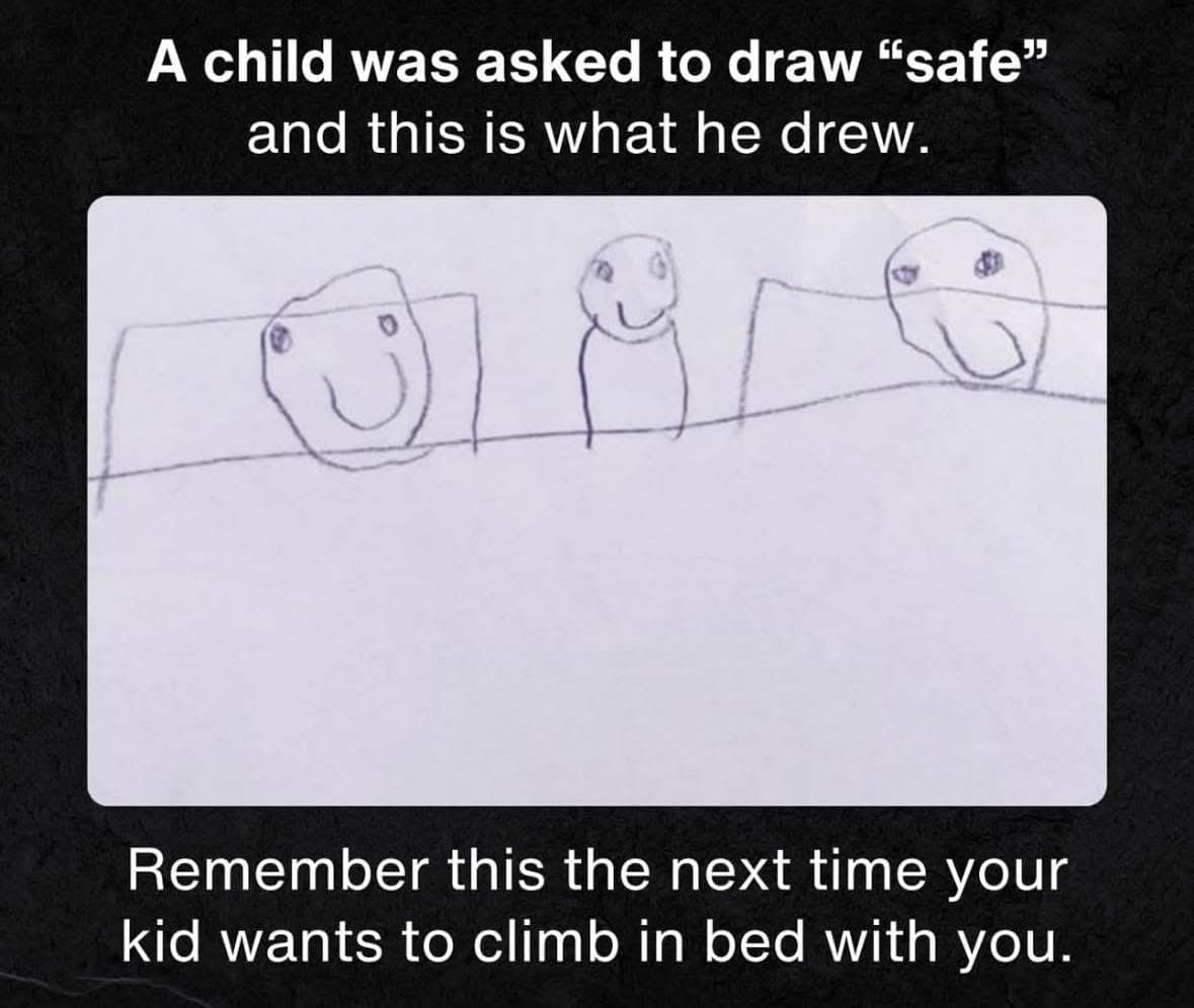 Een kindertekening van drie lachende figuren in een bed, samen met Engelse tekst waarin staat dat het kind werd gevraagd het woord ‘safe’ te tekenen