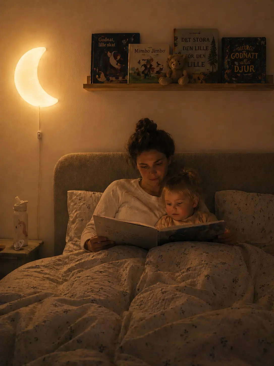 Een moeder en kind lezen samen een verhaaltje voor het slapengaan in bed, onder een verlichte maanlamp