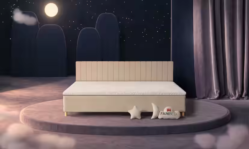 FAMBED familiebed in beige, 270 × 200 cm, met hoofdbord