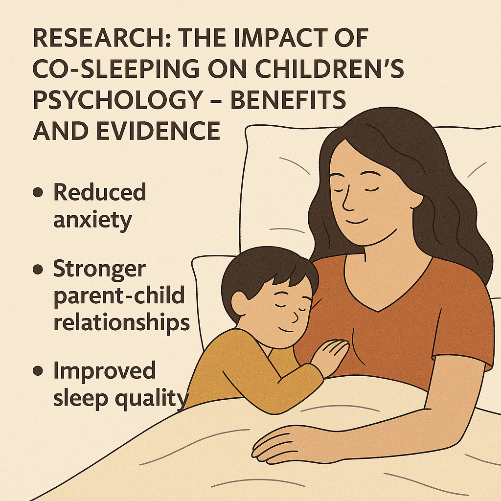 a woman lying in bed with a child with psychological benefits of co-sleeping ups written