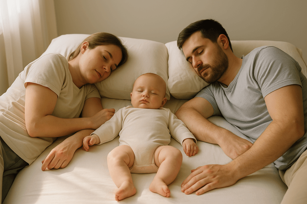 Jonge ouders en hun baby die rustig slapen op een stevige matras in zacht ochtendlicht, ter illustratie van veilig co-slapen.